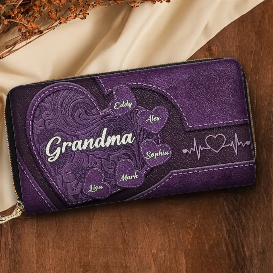 Amemidin "Hold My Hand, Hold My Heart" - Family Personalized Custom Leather Long Wallet - Gift For Mom, Grandma