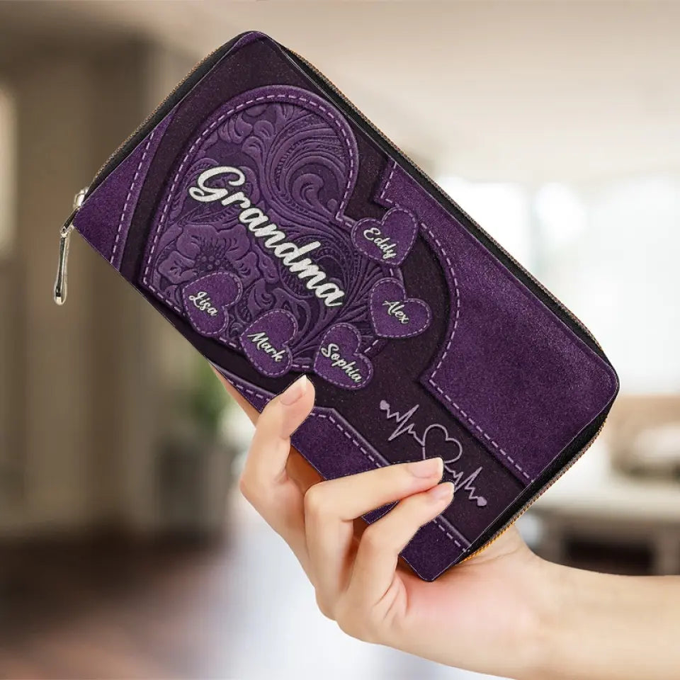 Amemidin "Hold My Hand, Hold My Heart" - Family Personalized Custom Leather Long Wallet - Gift For Mom, Grandma
