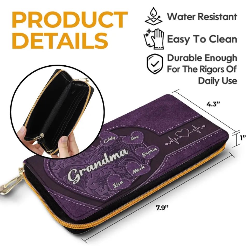 Amemidin "Hold My Hand, Hold My Heart" - Family Personalized Custom Leather Long Wallet - Gift For Mom, Grandma