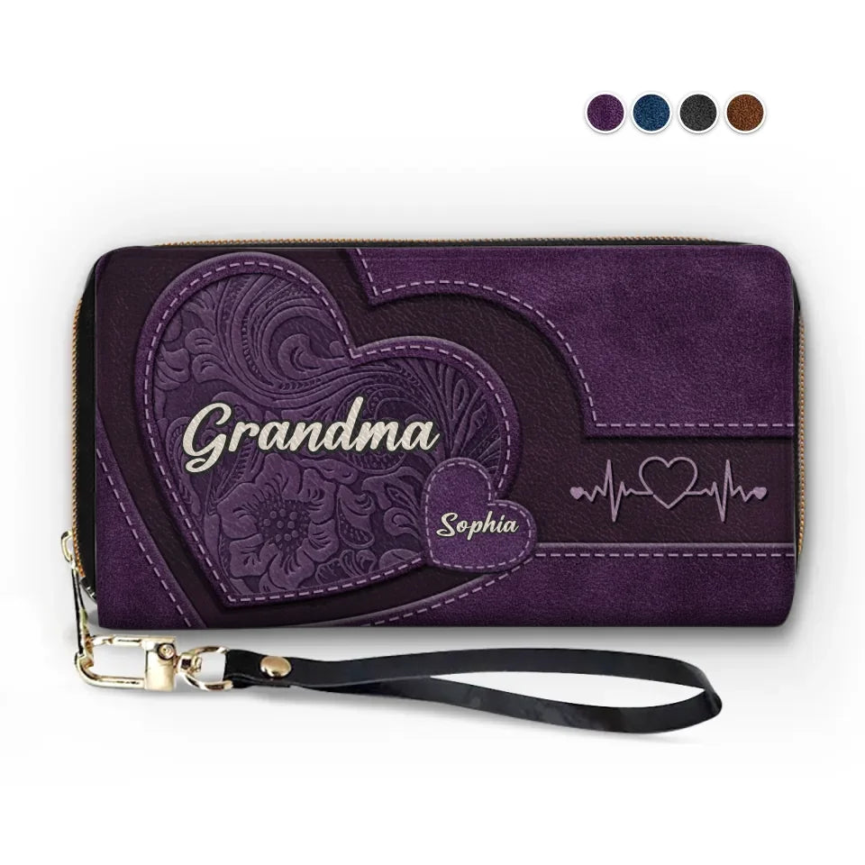 Amemidin "Hold My Hand, Hold My Heart" - Family Personalized Custom Leather Long Wallet - Gift For Mom, Grandma