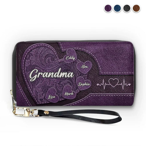 Amemidin "Hold My Hand, Hold My Heart" - Family Personalized Custom Leather Long Wallet - Gift For Mom, Grandma