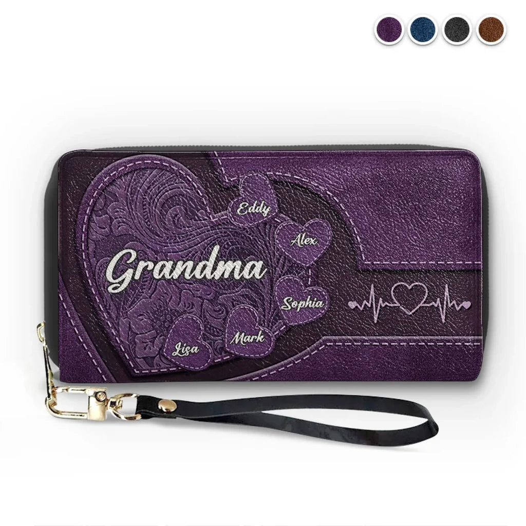 Amemidin "Hold My Hand, Hold My Heart" - Family Personalized Custom Leather Long Wallet - Gift For Mom, Grandma