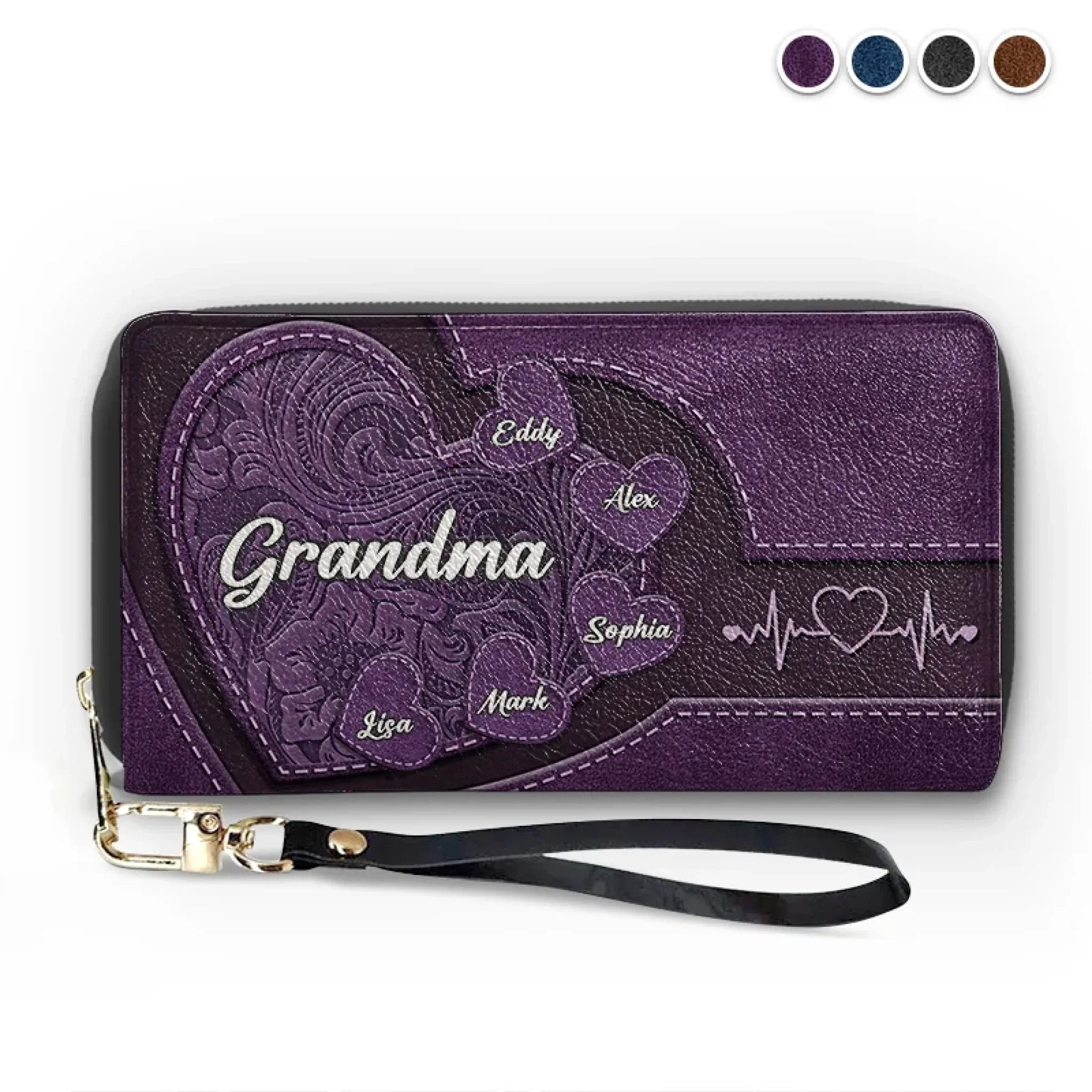 Amemidin "Hold My Hand, Hold My Heart" - Family Personalized Custom Leather Long Wallet - Gift For Mom, Grandma
